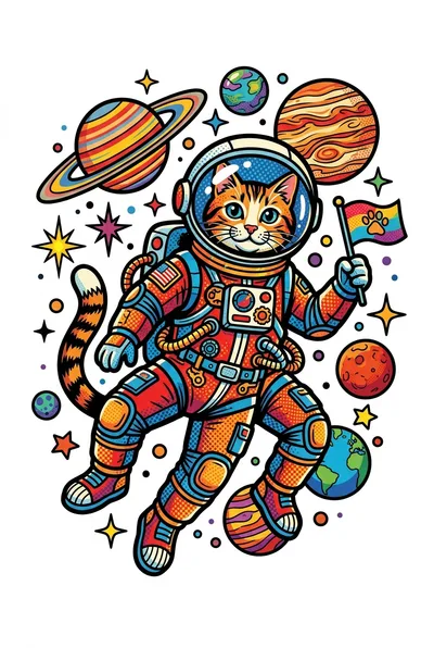 Astronaut cat floating among colorful planets and stars