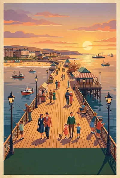 Old-fashioned seaside pier at golden hour, retro travel poster