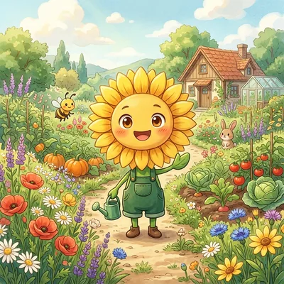 A cheerful sunflower character with a big smile, cute cartoon mascot