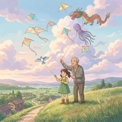 Soft clouds and colorful kites drifting in a pastel sky