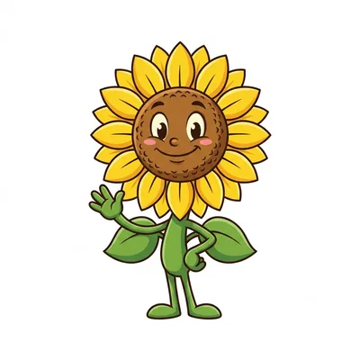 A cheerful sunflower character with a big smile, cute cartoon mascot