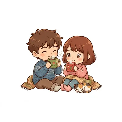 Chibi version of a couple drinking hot cocoa together