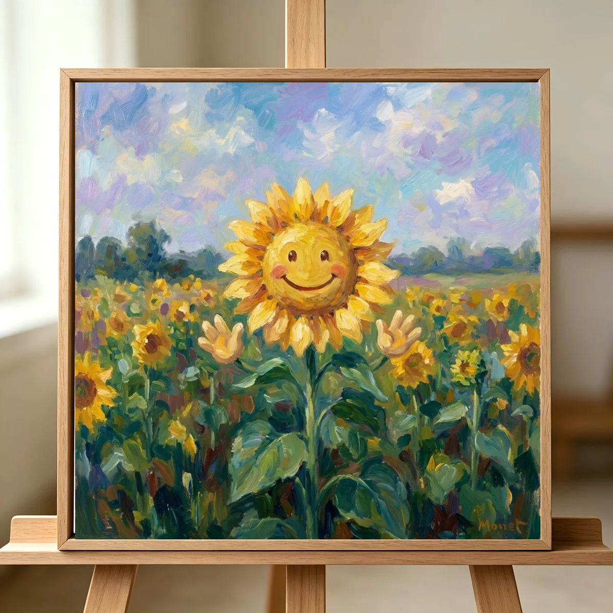 A cheerful sunflower character with a big smile, cute cartoon mascot