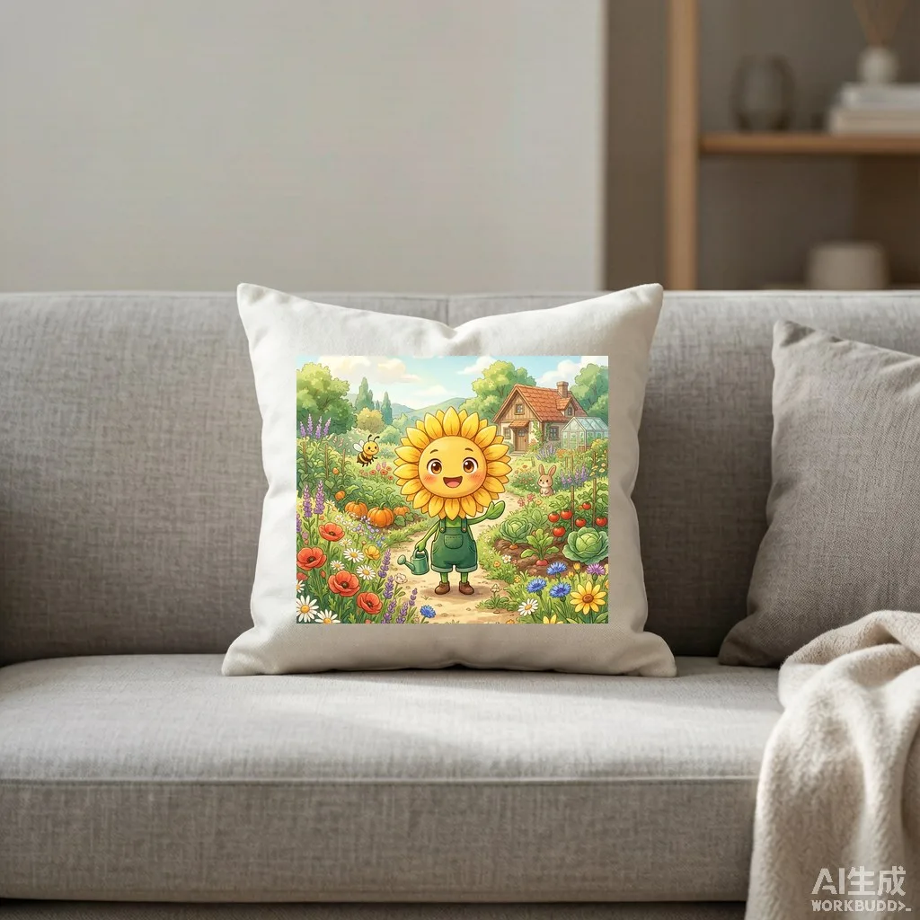 A cheerful sunflower character with a big smile, cute cartoon mascot